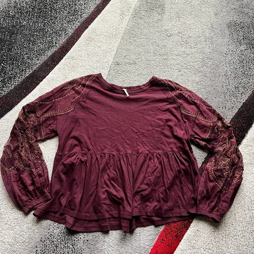 Free People Maroon Lantern Sleeve Babydoll Top